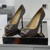 ブランドの女性のハイヒールのセクシーな結婚式の靴シルク四角ボタンドリル本革高級靴ポインテッドトゥパンプス 9.5 センチメートル 34-41 ボックス付き