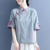 T-shirt feminina estilo chinês Bordado de manga curta feminina Casa de algodão feminina Camisas casuais vintage Mulheres Hanfu Topswomen '