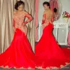 2022 Árabe Sexy Vermelho Vestidos de Prom mangas compridas Mermaid fora do ombro Laço de ouro apliques de noite vestidos de noite vestidos de festa formal