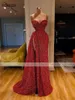 キラキラしたスパンコールの赤いイブニングドレス2020マーメイドノースリーブセクシーなハイサイドスリットアフリカの黒人ガールズフォーマルパーティープロムガウン299p