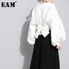 EAM Spring Autumn Round Neck Lång ärm Solid Color Black Back Bandage Bow Loose Sweatshirt Women Fashion JE14101 201202