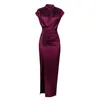 Плюс размер 4xl Платье для вечеринки Женщины элегантные щели высокие воротнички Бургундские плиссированные атлас