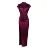 Plus Size 4XL Party Dress Women Elegant Slit High Collar Burgundy Pleated Satin Maxi Robe Female Summer Oversized Sleeveless Dresses