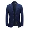 Blue Plaid Blazer High Quality British Style Men's Business Suit Wedding Blazer Men Slim Suit Jacket Fit Fashion Men's Clothing 220409