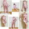 Розовые женщины 7 штук пижамы, наборы из искусственной шелковой полосы паджамы женщины для сна весна лето осень домашняя одежда домашняя одежда 220527