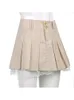 Sweetown Korean Fashion KhakiショートレーストリムかわいいプリーツSプレッピースタイルボタンアップハイウエストサマースカート220618