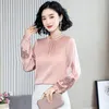 Women's Blouses & Shirts Long Sleeve Solid Silk Lantern For Women Office Lady Casual Tops 2022 Spring Fashion Lace Patchwork