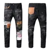 الجينز الجينز مصمم نحيف RIP BIG FLOWER PATCES ROCK DENIM SLIM FIT FOR PANTS MORTICKECLE RIKER RICER SEATHED SEARTHED JOGGER مستقيم بالهيب بانك مع ثقب أزرق طويل