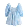 Yenkye zomer vrouwen bloeiende hemel kleur organza prinses jurk vrouwelijke sexy vierkante nek puff mouw mini feest kort vestido 220527