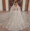 Luxuriöse arabische Champagner-Hochzeitskleider, Ballkleid, lange Ärmel, Pailletten, Perlen, Brautkleider mit langer Schleppe BES121