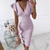 Fufucaillm kontor lady bodycon klänning sommar kvinnor vneck ruched blyerts ruffles kort ärm wrap party bröllop formell 220613