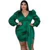 Robes de grande taille 5XL femmes robe taille haute col en V manches bouffantes tenues mode épissure solide Vintage élégant surdimensionné bureau dame