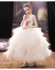 Härliga vita flickor Pageant Dresses Sheer Crew Neck Tulle Rhinestone Crystal Pärlor Glitz Ball Flower Flower Girl Dress for Weddng Tutu klänningar