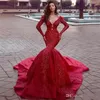 Gorgeous Red Mermaid Wedding Dresses Long Sleeve with Beads Sexy V Cut Back Lace Applique Bridal Gown Sweep Train Robe De Mariee