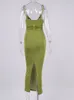 Asia Fall Sticke Dress Spaghetti Strap Backless dragkedja knappar V Neck Split Maxi Dress Sexiga Bodycon Dresses for Women 220507