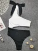 Bikini White Black One Shoulder Swimsuit Women Sexig Bow Knot High Cut Out One Piece Badkläder Swim Beach Wear Bath Suit 2022 Monokini