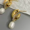 Dangle Chandelier Fashion Stainless Steel Cshaped Exaggerated Pearl Earrings Women39s Metallic Gold Round 2022Dangle1723715
