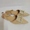 Sandalias 2022 de tejido plano de verano para mujer, zapatos de talón abierto con cuentas de perlas de imitación, zapatos planos de punta estrecha a la moda para mujer, sandalias sexis