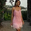 Casual Dresses Sexig V-ringning Tassel Suspender Dress Fashion 3D Dekorativ fjäder Stitching Pink Silk Summer Ladies Elegant Prom Party Dressca