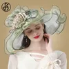 FS Çiçek Fascinator Kadınlar Geniş Brim Düğün Kilisesi Organza Güneş şapkası Zarif Büyük Bayanlar Fedoras 220813