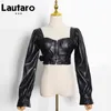 Lautaro y2k Black Faux Leather Crop Top Women Deque Square Long Sleeve Sheipper Jacket Jacket Sexy Backless Fashion 5XL 6XL L220801