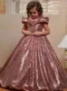 Nyårs Rose Gold -paljetter Flower Girls Dresses For Wedding Off Shoulder Cap ärmar Första nattvardsklänning Kids Prom Dress Girls Pageant GOWNS BC13062