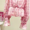 Nouveau design femmes printemps mode flare manches longues en mousseline de soie plissée rose dégradé couleur col en v sexy t-shirts hauts SMLXL