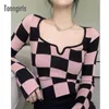 TonngirlsニットTシャツの女性の服ピンクの格子縞の正方形の襟レディーストップス長袖韓国スリムスキニートリミングティー220321