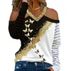 여자의 패션 느슨한 티셔츠 긴 소매 오프 어깨 넥 탑 꼭대기 나비 인쇄 캐주얼 가을 셔츠 220728
