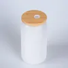 Tasses en verre de sublimation avec couvercle en bambou Paille DIY Blancs Givrés Transparents Gobelets en forme de canette Tasses Transfert de chaleur 12 oz / 16 oz Soda Verres à whisky
