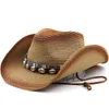 Cowboy Sun Hat Hat Brim Brim Fedora Hats Cinturão Decoram Chapéu de Palha de Praia para homens Cap capeau de proteção UV Femme