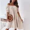 Kvinnor Sexig rygglös miniklänning Summer Fashion Lady Slash Neck White Puff Sleeve Big Swing Party Beach Dresses Casual Robe Femme 226014