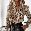 Autunno Donna Leopard Print Ruffles Camicette Camicia a maniche lunghe Camicia da lavoro Lady Elegante allentata Camicette da ufficio Top 210302