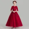 Girl's Dresses Elegant Girls Princess Trailing Kids Evening Party Dress Red Appliques Tulle Flower Wedding Ball Gown