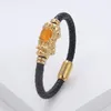 Charm Bracelets Feng Shui PIXIU Bracelet Round Natural Gemstone Braided Leather Rope Women Fashion Stainless Steel JewelryCharm