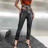 Женские брюки Capris Женщины PU кожа с сексуальной полой высокой талией регулируемой ремешок Женские дамы длинные брюки Пант Спринг -одежда 2022