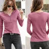 TuangBiag Spring Long Sleeve Button V-Neck Bamboo Cotton T-Shirt Women Loose Fashion Brand T Shirt Lady Simple Casual Tops 220408