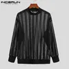 INCERUN Men Striped T Shirt Mesh Sexy See Through O Neck Long Sleeve Party Nightclub Tee Tops Streetwear Casual Camisetas 7 220407