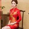 Etnik Giyim Kırmızı Çin Gelinlik Kadın Uzun Kısa Kollu Cheongsam Gold Slim Geleneksel Kadınlar Qipao PartiThnic için