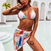 Swimwear das Mulheres 2022Women Arco-íris Impressão Ternos de banho Sexy Saia sem posicionamento com Strappy Split Swimsuit Alto Terno Brasileiro Cintura