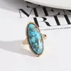 Gold Oval Turquoise Lapis Lazuli Blue Natural Stone Rings Fashion Inner Dia 1.7cm Gold Color Band Jewelry for Women