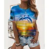 Womens Summer 3D Printing T Shirts Målning Kort ärm T-shirt Rund hals Gent och elegant topp europeisk amerikansk trend