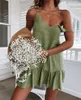 Sexig spaghetti rem ruffle klänning kvinnor sommar bomullslinne vestidos gröna es off axel mini sundress 220613
