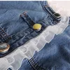 Женские блузкие рубашки весенняя корейская дикая кружева синяя джинсовая ткань Женщины сплайсируют винтажные джинсы с длинными рукавами.
