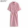 Zevity Women Chic Fashion Buttonup Draped Midi Shirt Dress Vintage Short Sleeve Side Zipper Female Dresses Vestidos DS8602 220527