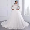 Vestidos de noiva formais de renda muçulmana, gola alta, mangas compridas, vestidos de casamento, trem de varredura, vestido de baile