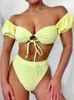 Hot Sexy V Neck Puff Short Sleeve Bikini Set Women Drawstring Lace Up Tops Thong Swimwear Female Padded Two-pieces Beach Bather Y220420