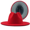 Cappelli a tesa larga Semplice blu scuro con fondo rosso Patchwork Panama Feltro di lana Jazz Fedora Donna Uomo Party Cowboy Trilby Cappello da giocatore Scot22