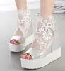Designer-ViVi Lena süße weiße Spitze-Sandalen, hohe Plateau-Keilsandalen, unsichtbare Höhe, erhöhte Peep-Toe-Damenschuhe, 2 Farben, Größe 35 bis
