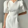 Elegant Women Short Puff Sleeve Summer Dress Korea Style Office Lady Slim Waist Female Fashion Clothes Vestd 220516